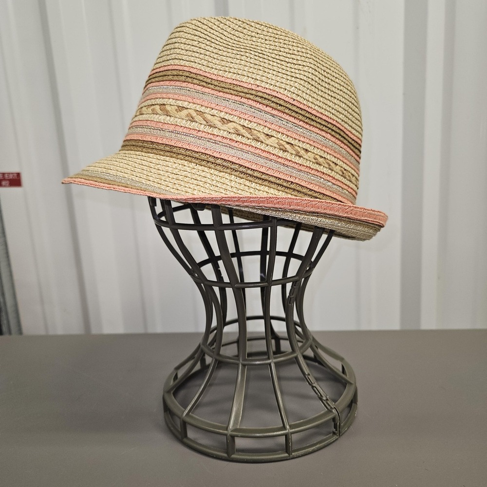 Callanan Resort Hat Fedora Womens One Size Tan Pink Striped Braided Summer Beach - Picture 2 of 9